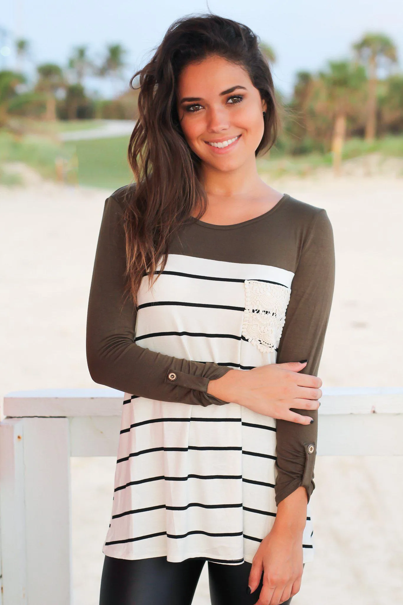 Olive Striped Top with Crochet Pocket