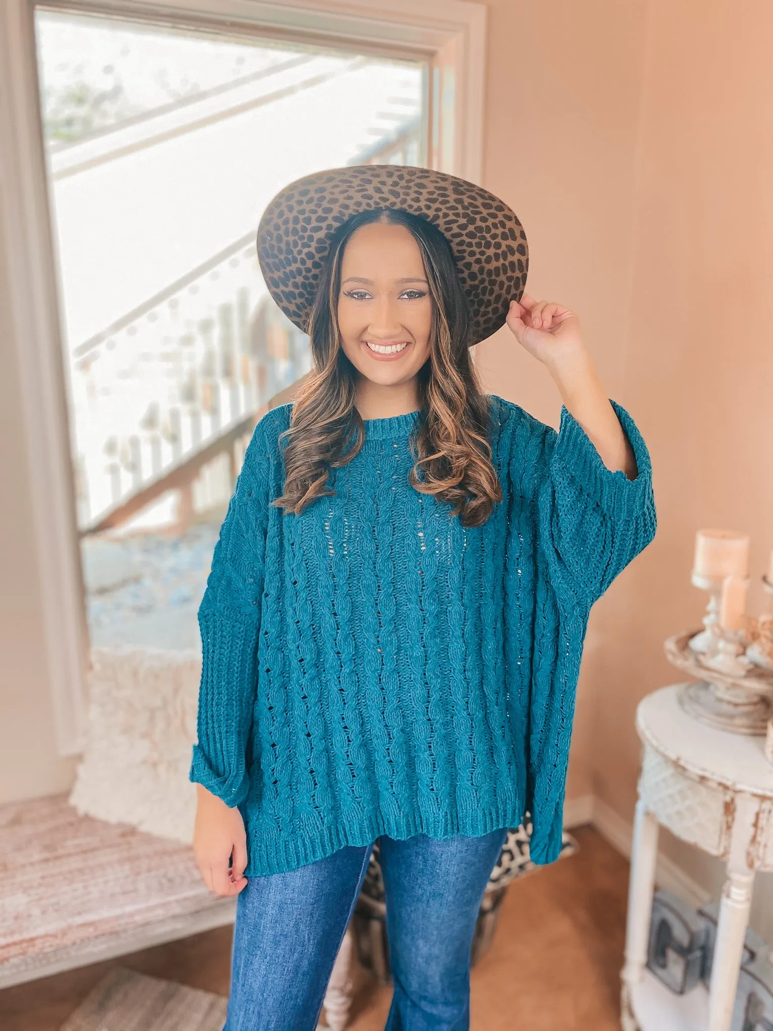 On My Level Chenille Cable Knit Pullover Sweater in Teal Green