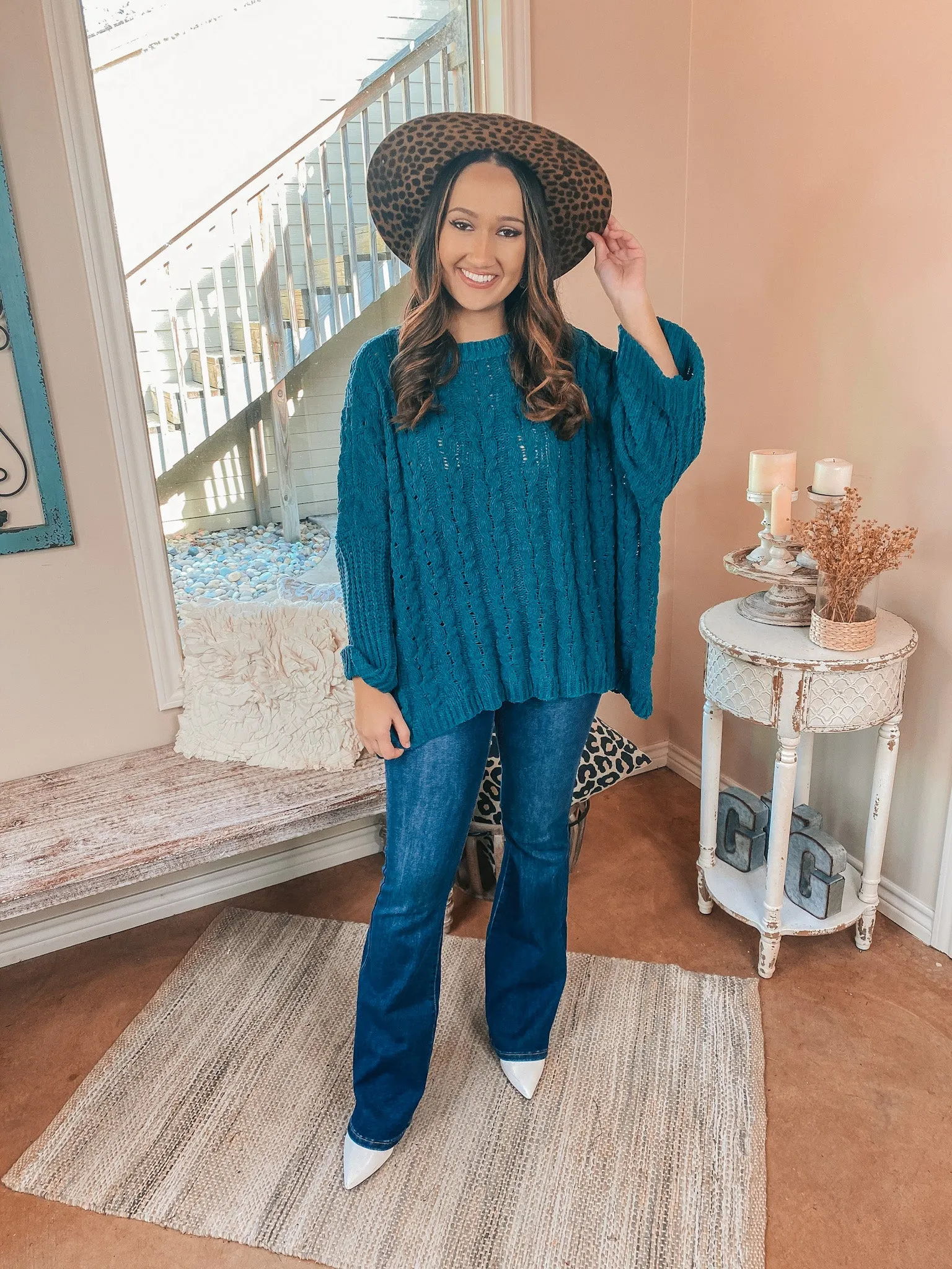 On My Level Chenille Cable Knit Pullover Sweater in Teal Green