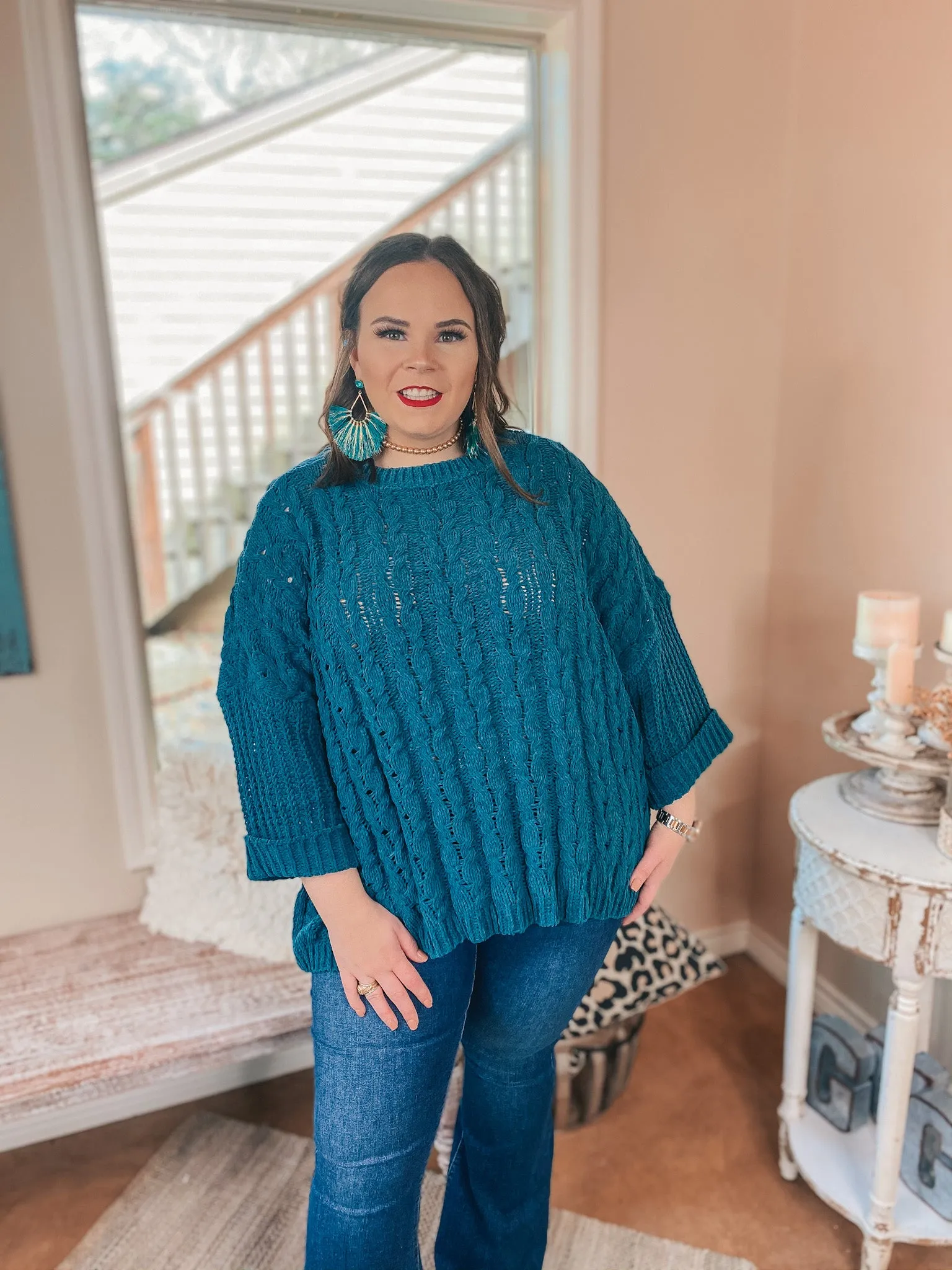 On My Level Chenille Cable Knit Pullover Sweater in Teal Green