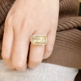 One of a Kind Emerald Cut Golden Rutilated Quartz Ring in Yellow Gold