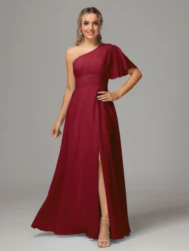 One Shoulder Ruffles Chiffon Bridesmaid Dresses With Split