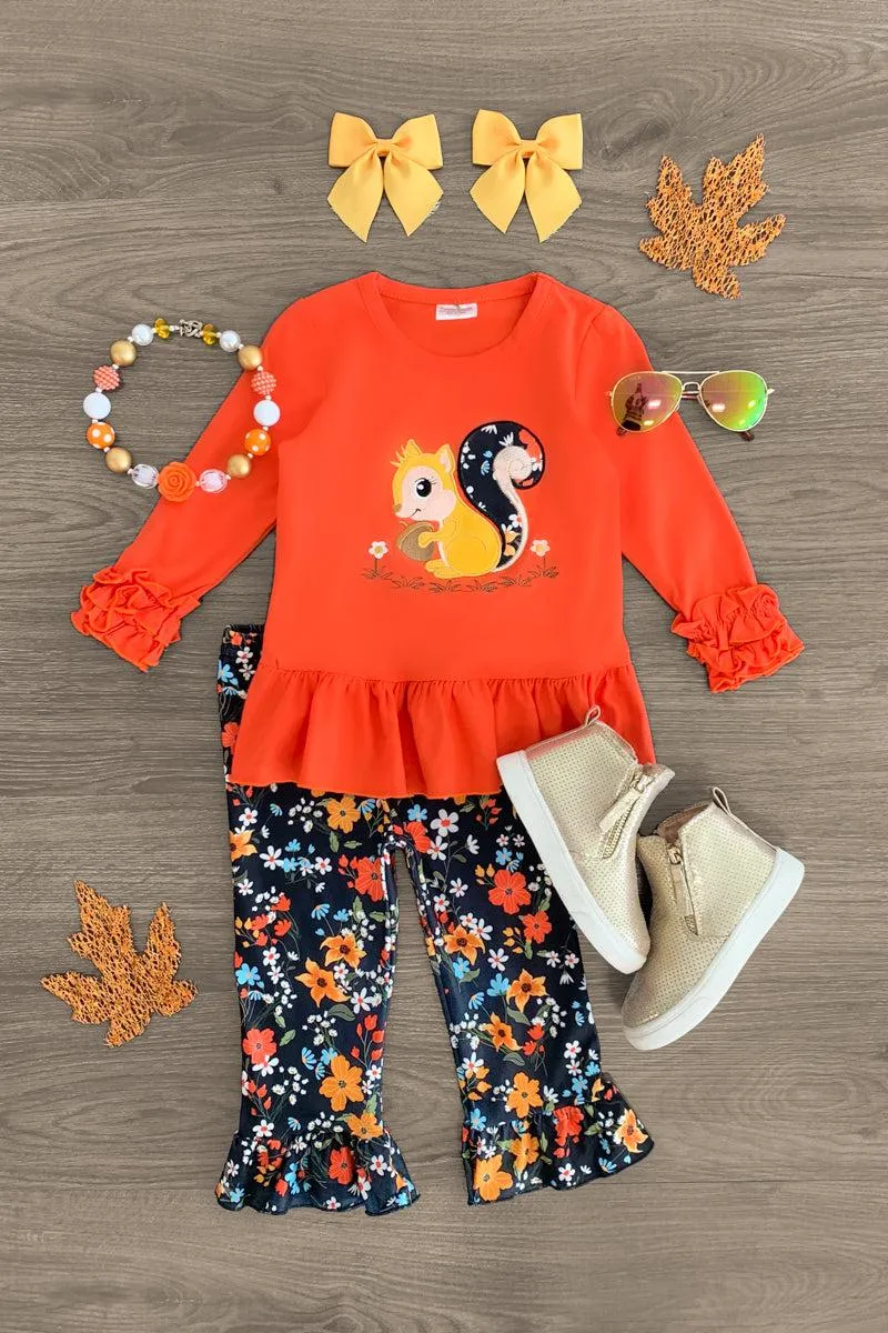 Orange & Black Floral Squirrel Ruffle Set