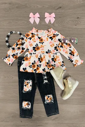 Orange & White Floral Peplum Denim Pant Set