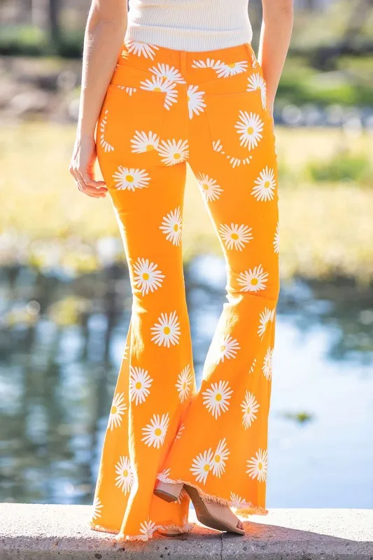 Orange Boho Daisy Flare Denim