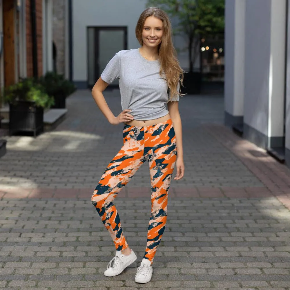 Orange Camouflage Women's Mid-Rise Leggings