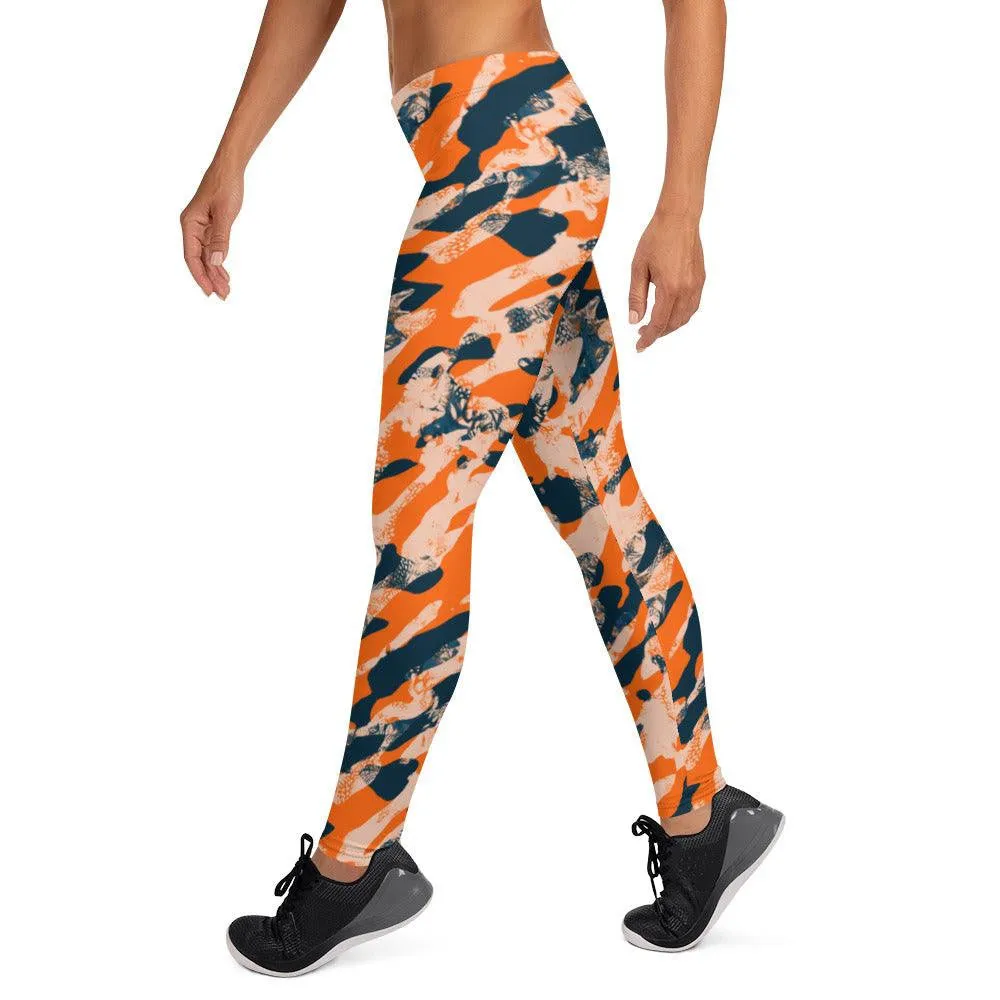 Orange Camouflage Women's Mid-Rise Leggings