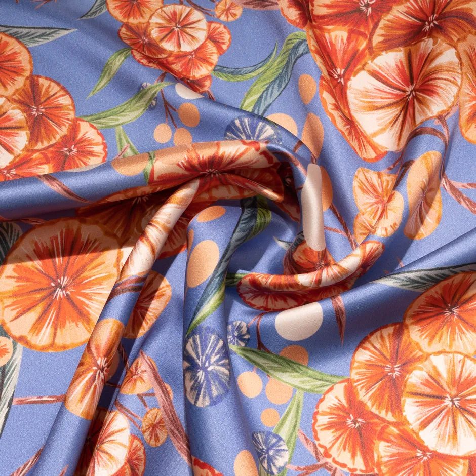 Orange Floral Printed Lavender Double Silk Satin