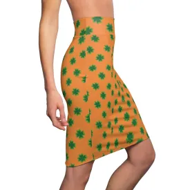 Orange Green Clover Pencil Skirt, Clover Leaf Print St. Patrick's Day Women's Pencil Skirt- Made in USA