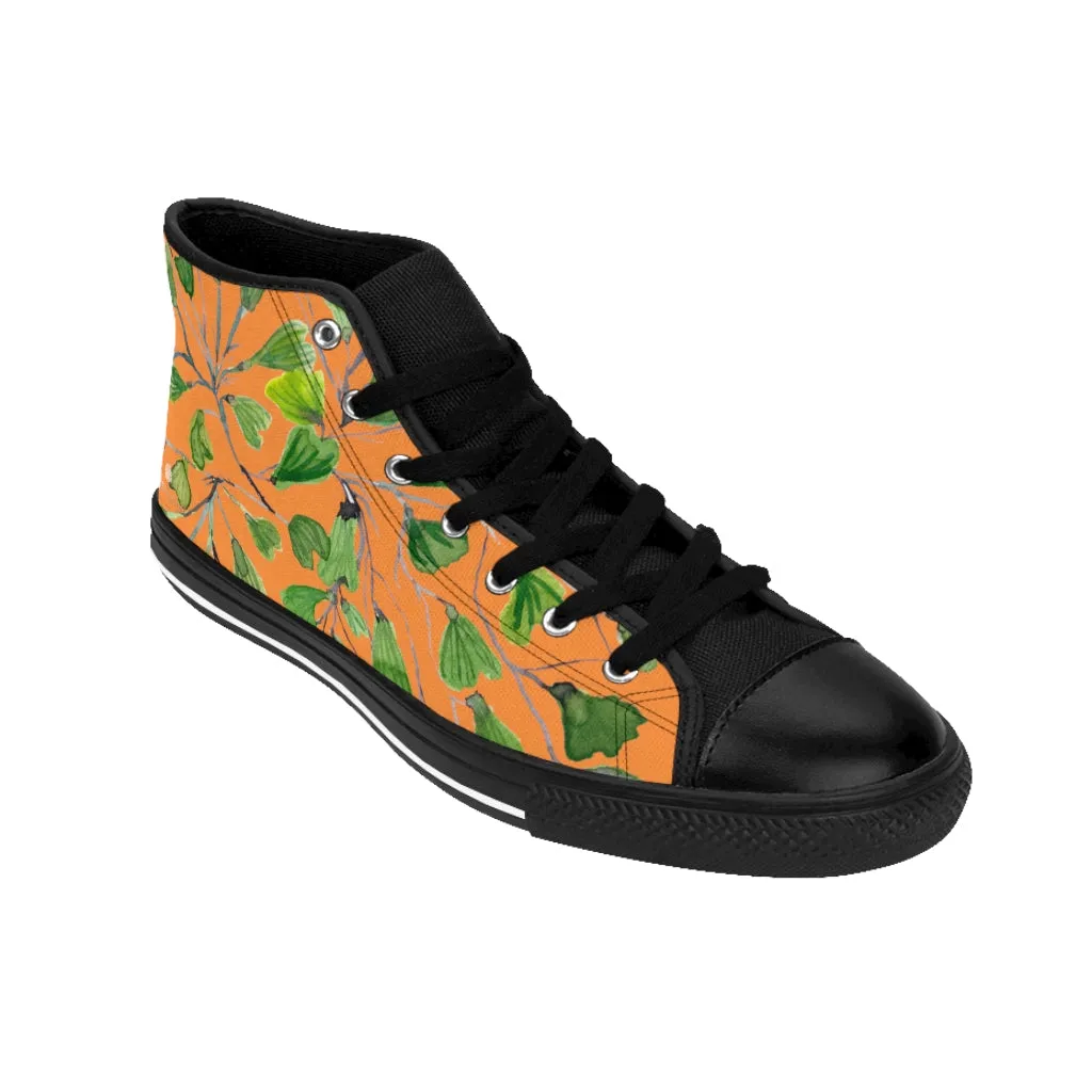 Orange Green Maidenhair Men's Tennis Shoes, Tropical Print Designer Best High-top Sneakers For Men