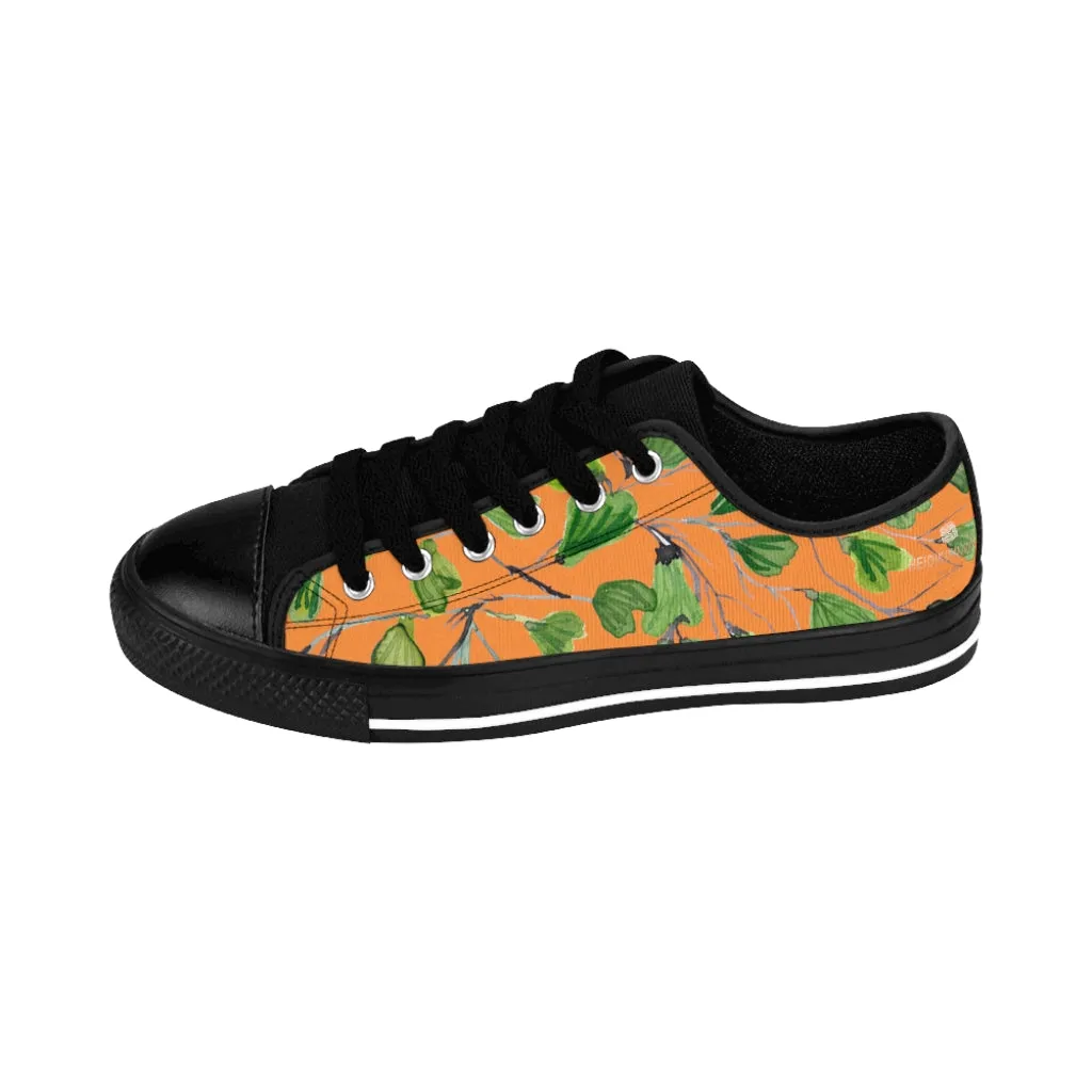 Orange Maidenhair Print Men's Sneakers, Green Best Tropical Leaf Print Men's Low Top Tennis Shoes