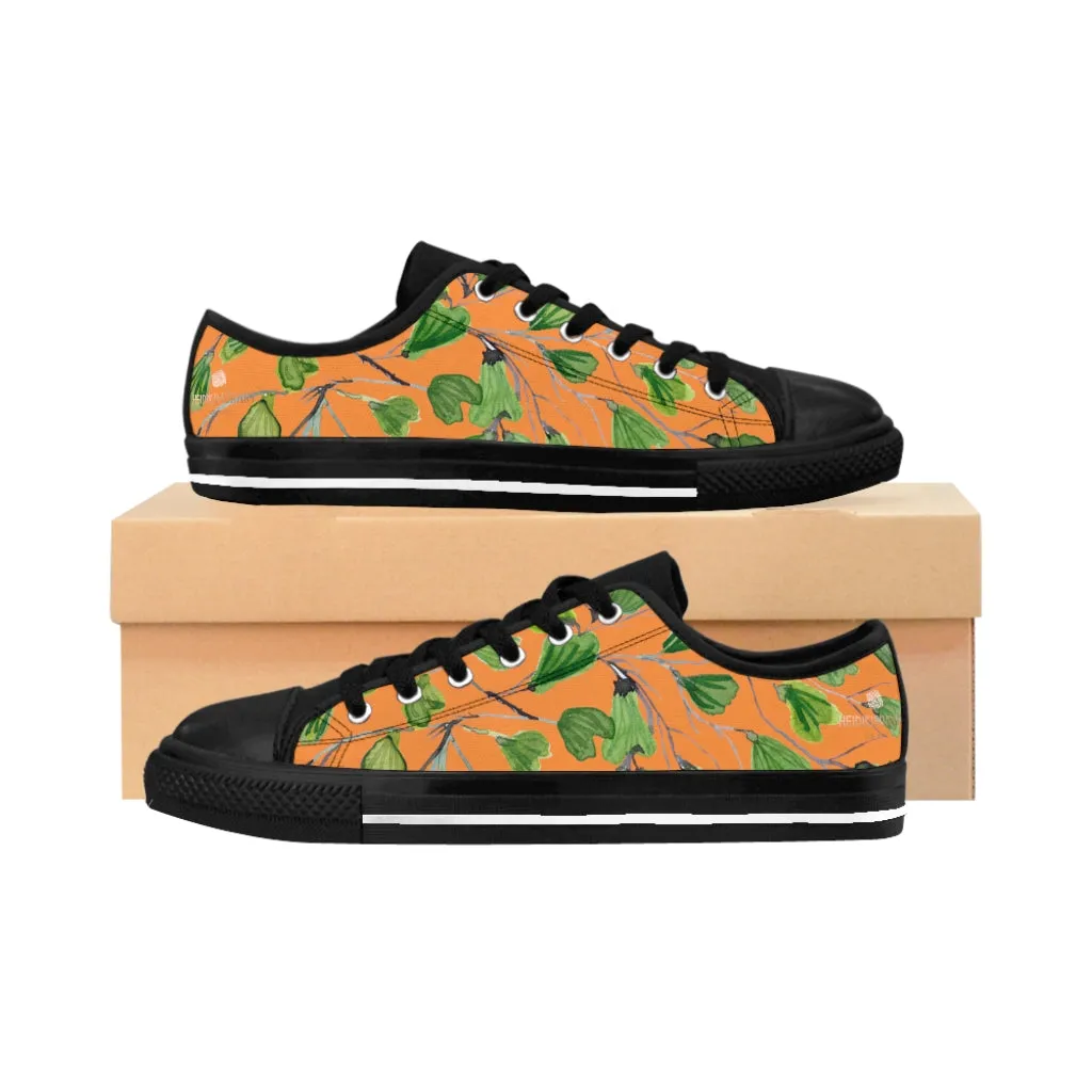 Orange Maidenhair Print Men's Sneakers, Green Best Tropical Leaf Print Men's Low Top Tennis Shoes