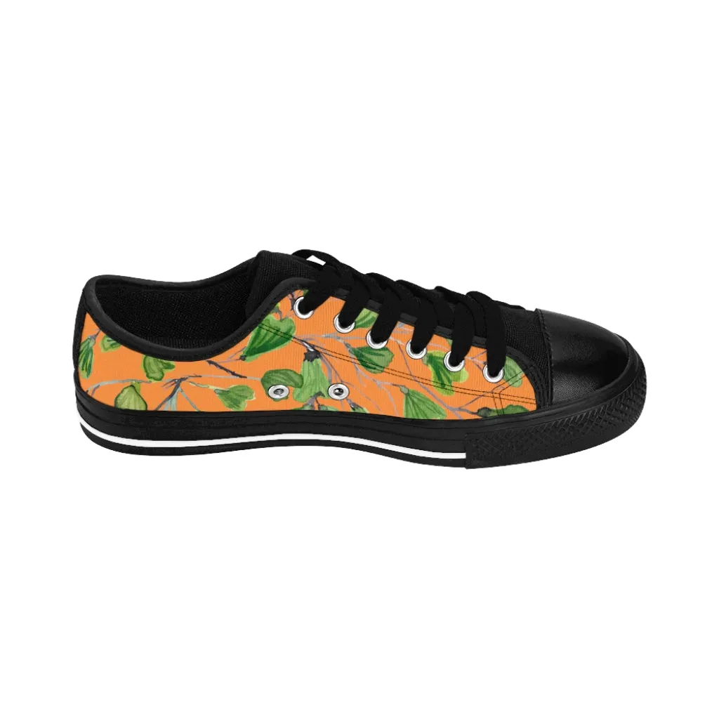 Orange Maidenhair Print Men's Sneakers, Green Best Tropical Leaf Print Men's Low Top Tennis Shoes