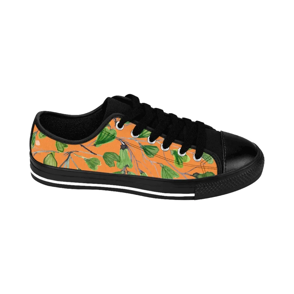 Orange Maidenhair Print Men's Sneakers, Green Best Tropical Leaf Print Men's Low Top Tennis Shoes