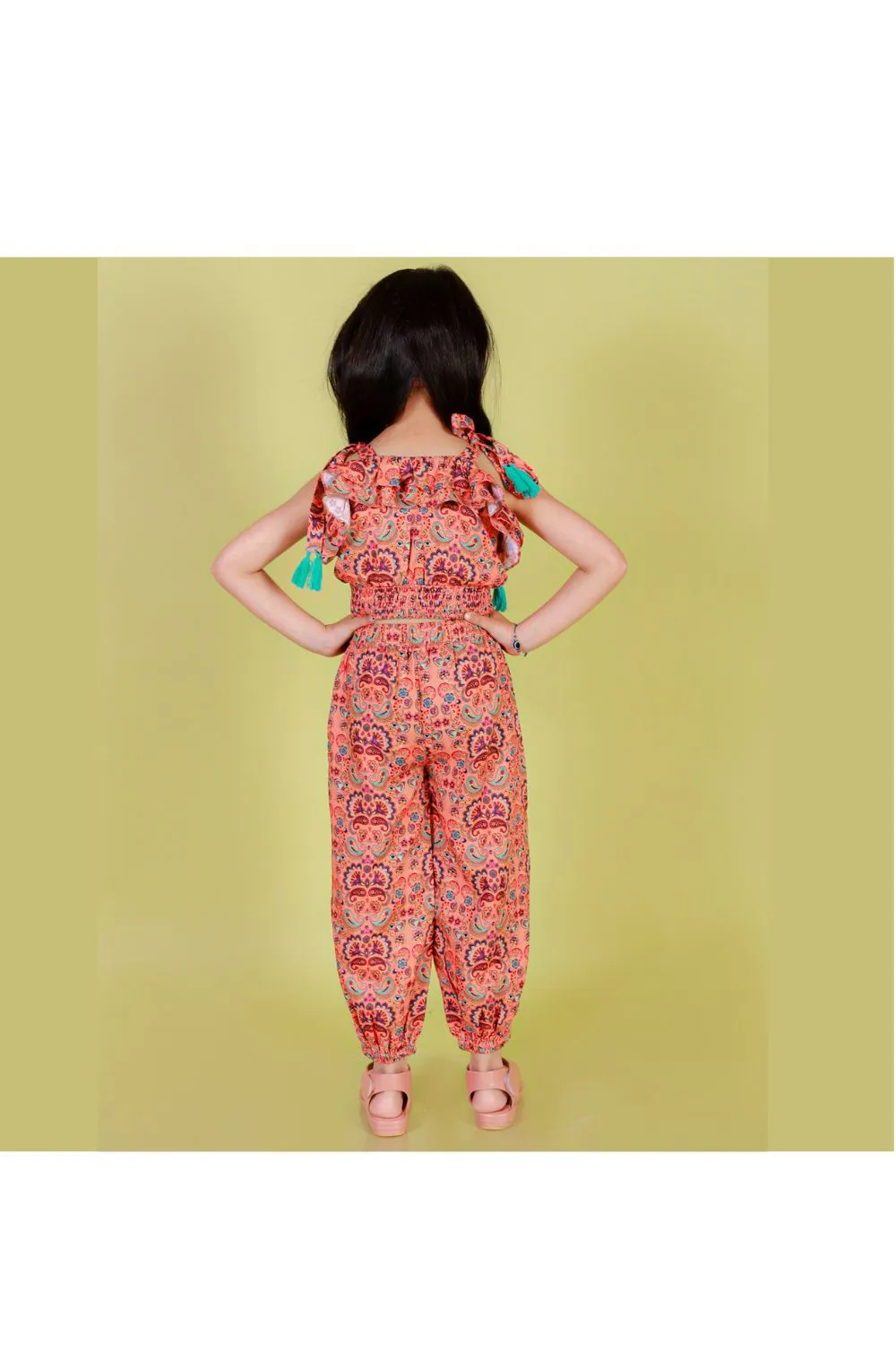 Orange Printed Shoulder Tie Knot Top With Jogger Set