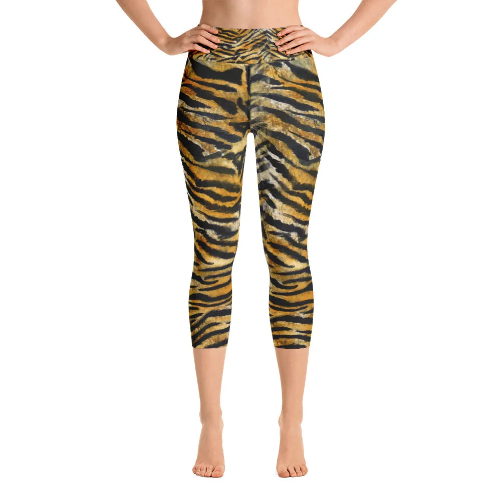 Orange Tiger Striped Capris Tights, Tiger Striped Print Capri Yoga Pants, Women's Elastic Orange Tiger Striped Animal Print Capris-Made in USA/EU/MX