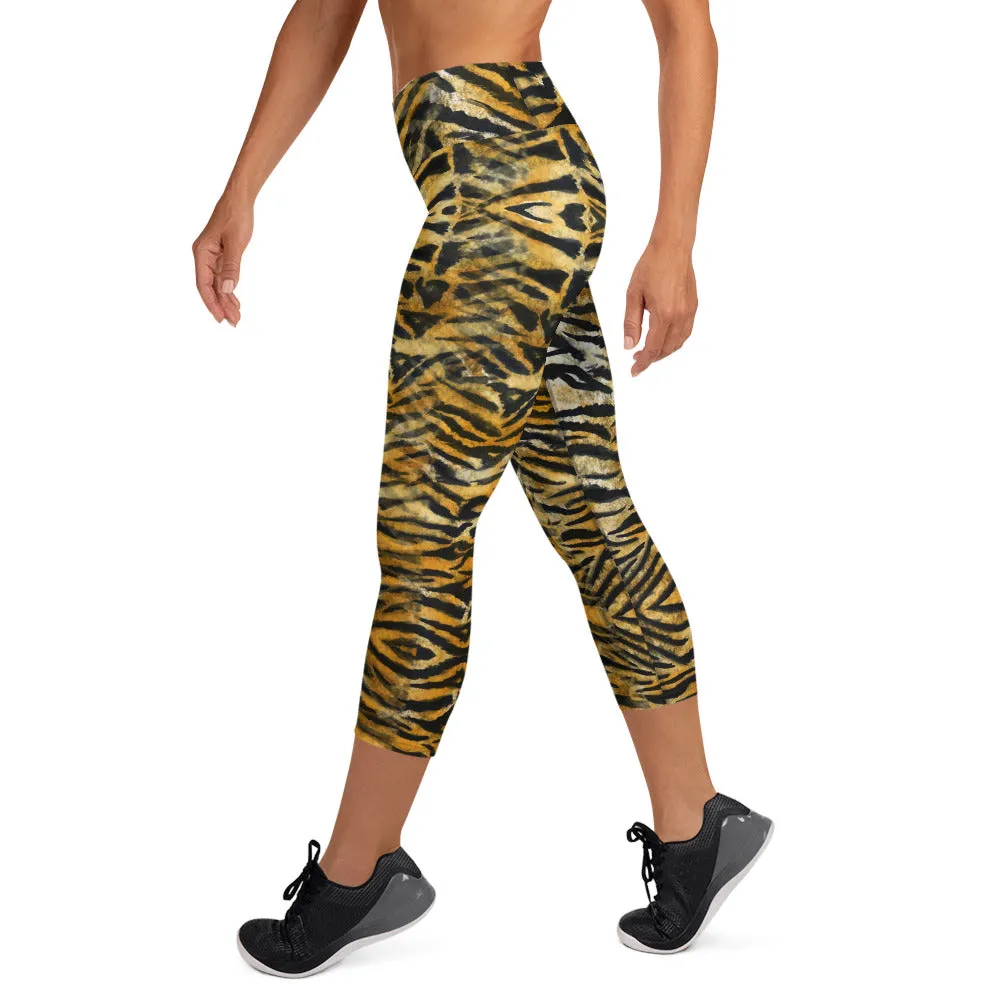 Orange Tiger Yoga Capri Leggings, Animal Stripe Print Women's Capris Leggings-Made in USA/EU