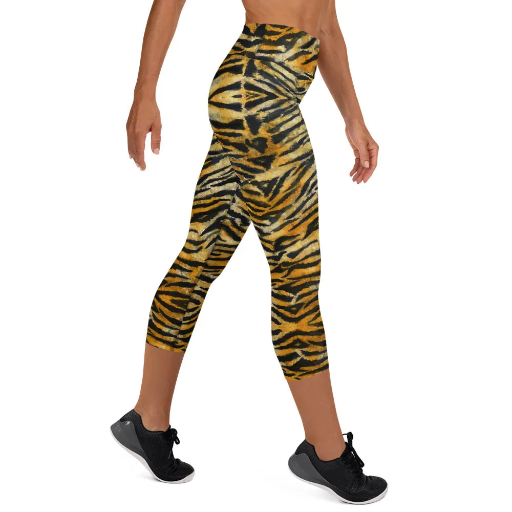 Orange Tiger Yoga Capri Leggings, Animal Stripe Print Women's Capris Leggings-Made in USA/EU