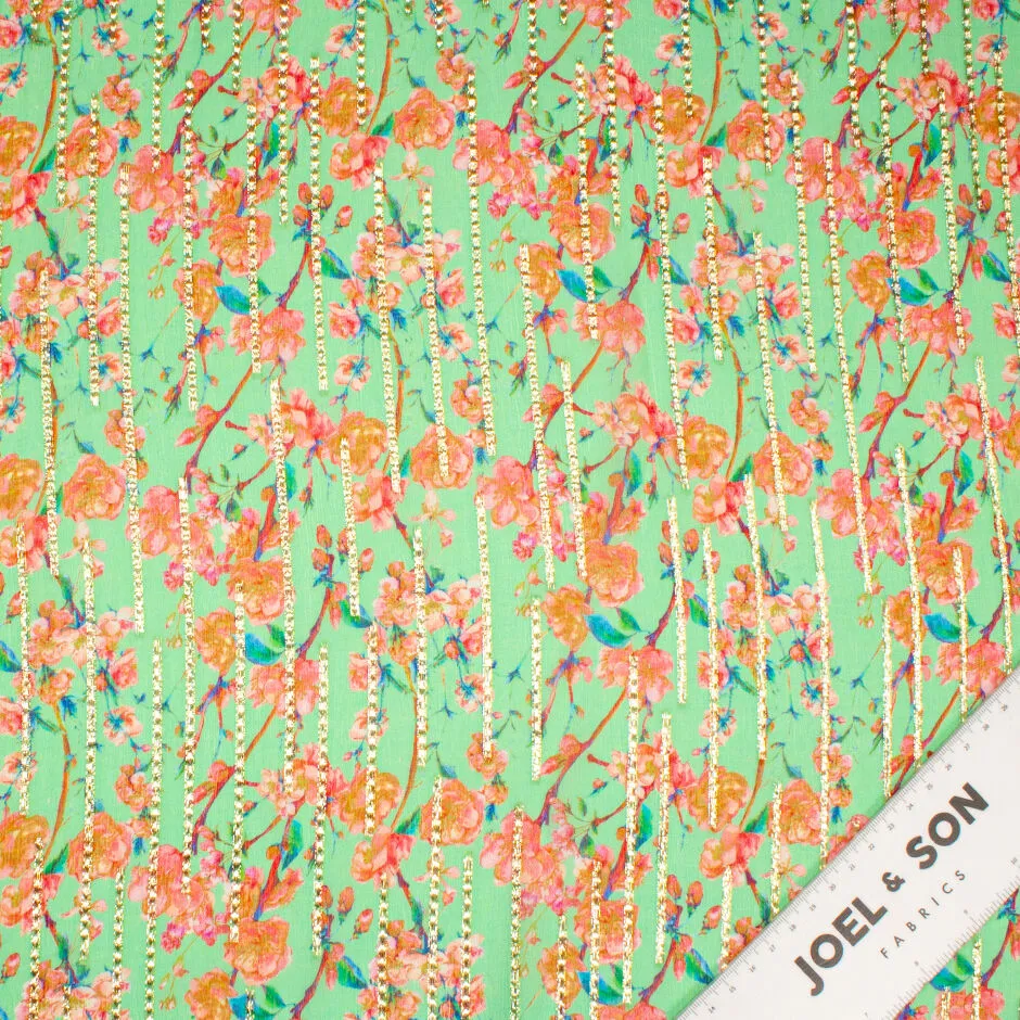 Orange/Pink Floral Printed Green Metallic Silk Georgette (A 2.10m Piece)