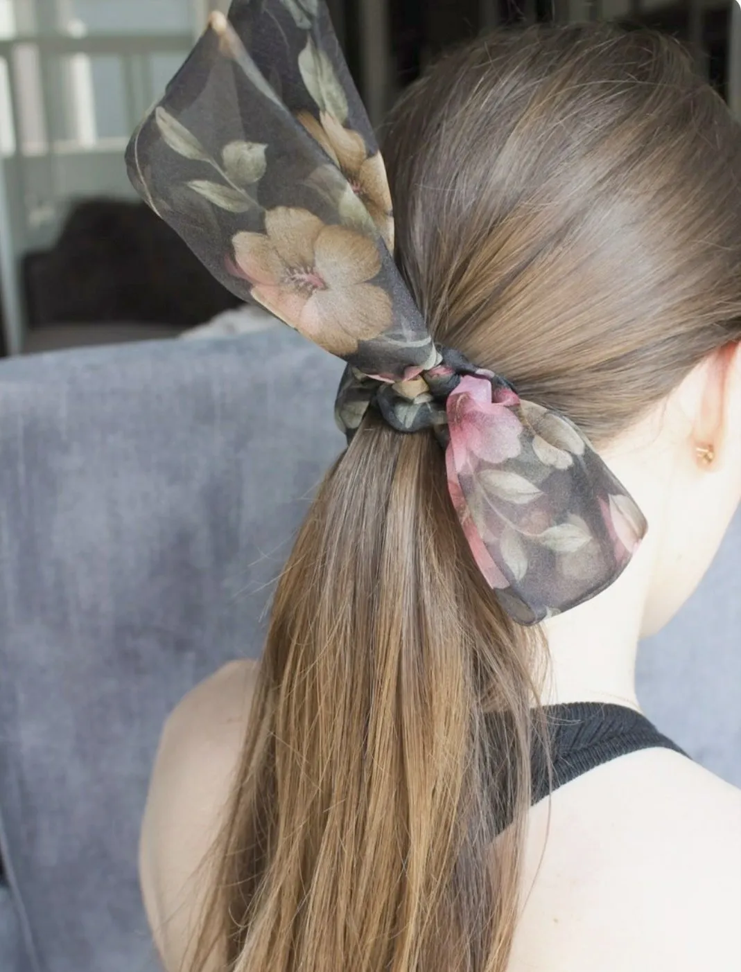 organdy mesh flower print bow knot scrunchies woman hair accessory