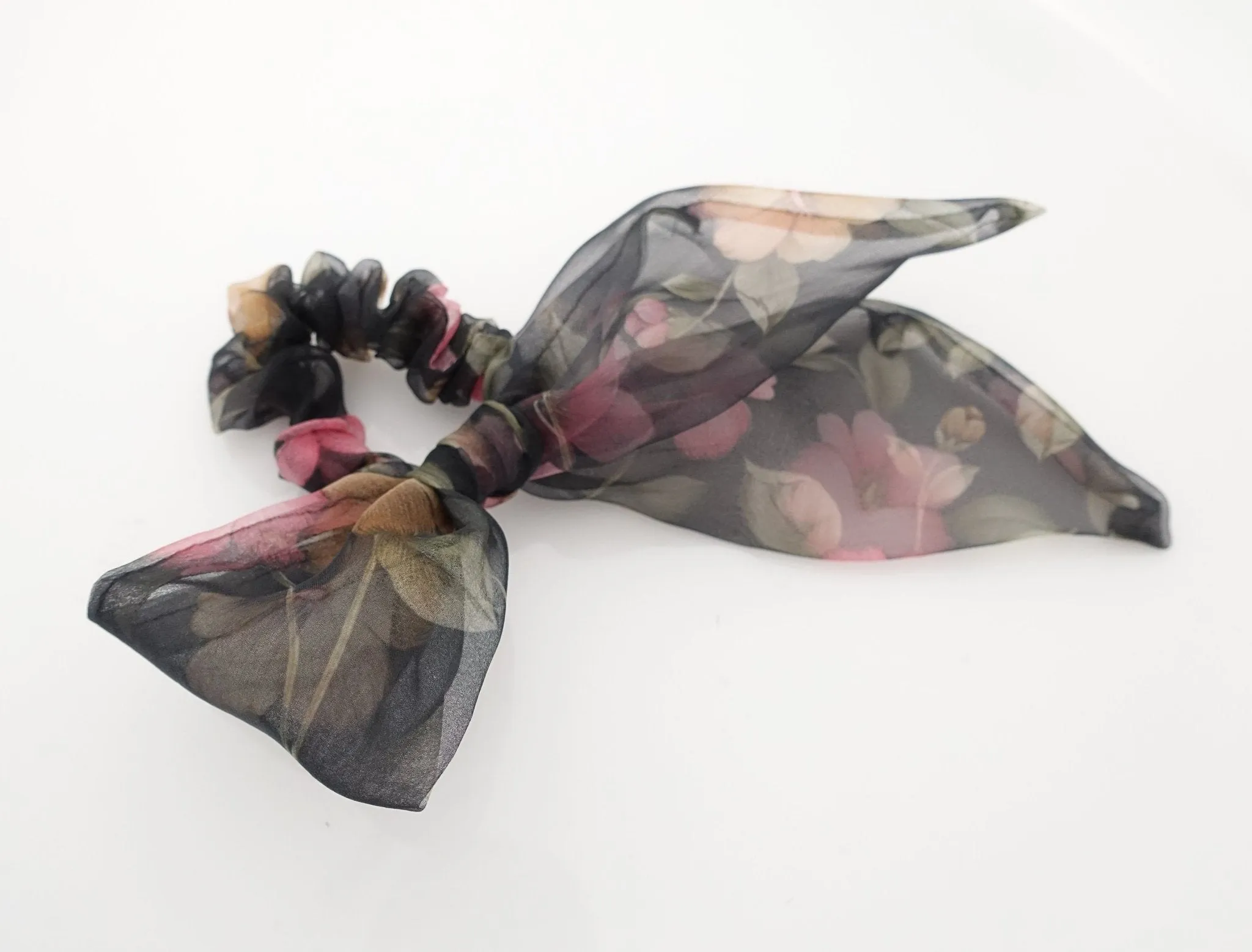 organdy mesh flower print bow knot scrunchies woman hair accessory