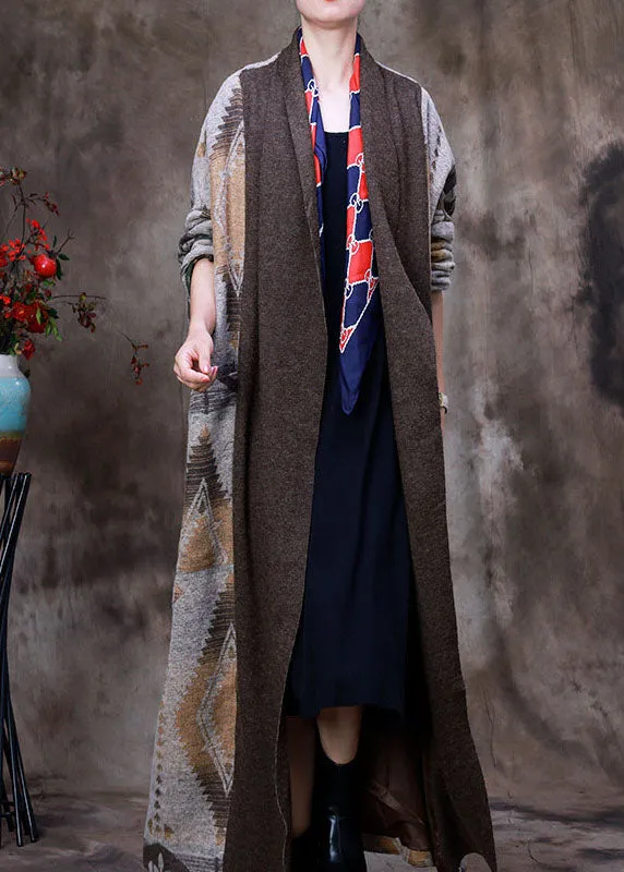 Organic Chocolate V Neck Print asymmetrical design Patchwork Fall Woolen Coat Long sleeve