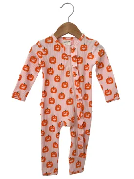 Organic Waffle Ruffle Zip Romper, Blush Jack-O-Lantern