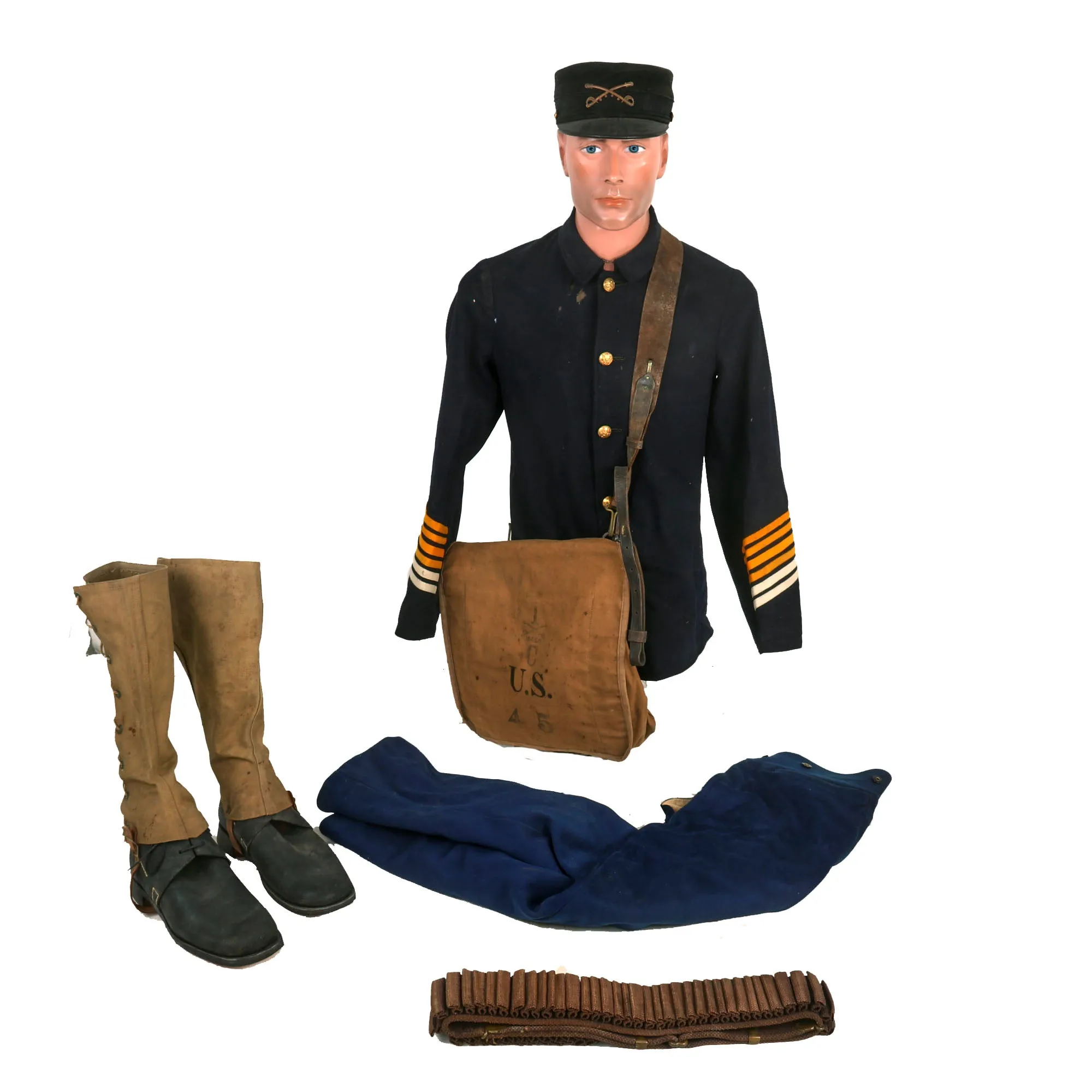 Original U.S. Spanish-American War to WWI Era Enlistedman’s Pattern 1887 Fatigue Sack Coat With Blue Trousers, 1895 Forage Cap, Haversack, Cartridge Belt and Boots