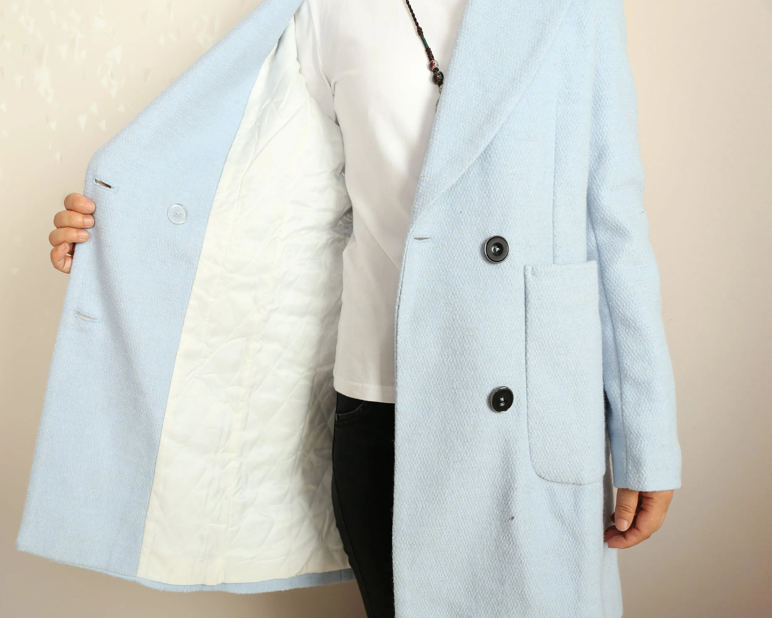 Overcoat women, double breasted coat, wool jacket, long coat, winter coat, light blue jacket(Y2118)