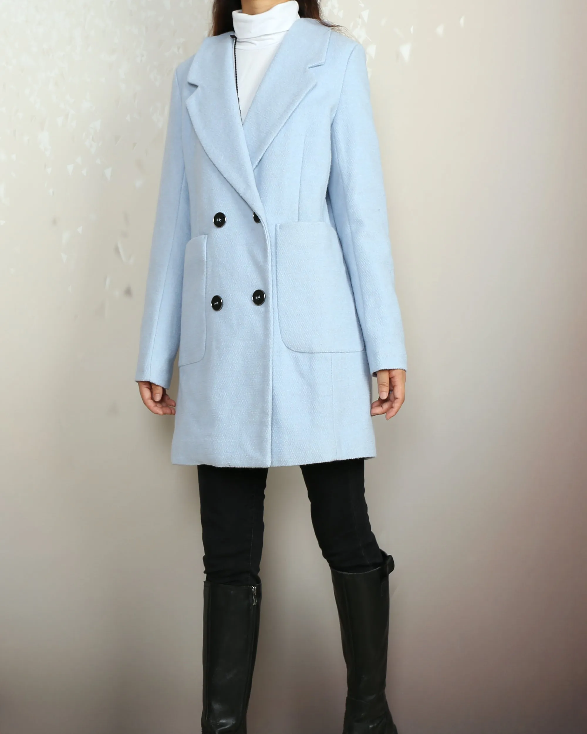 Overcoat women, double breasted coat, wool jacket, long coat, winter coat, light blue jacket(Y2118)