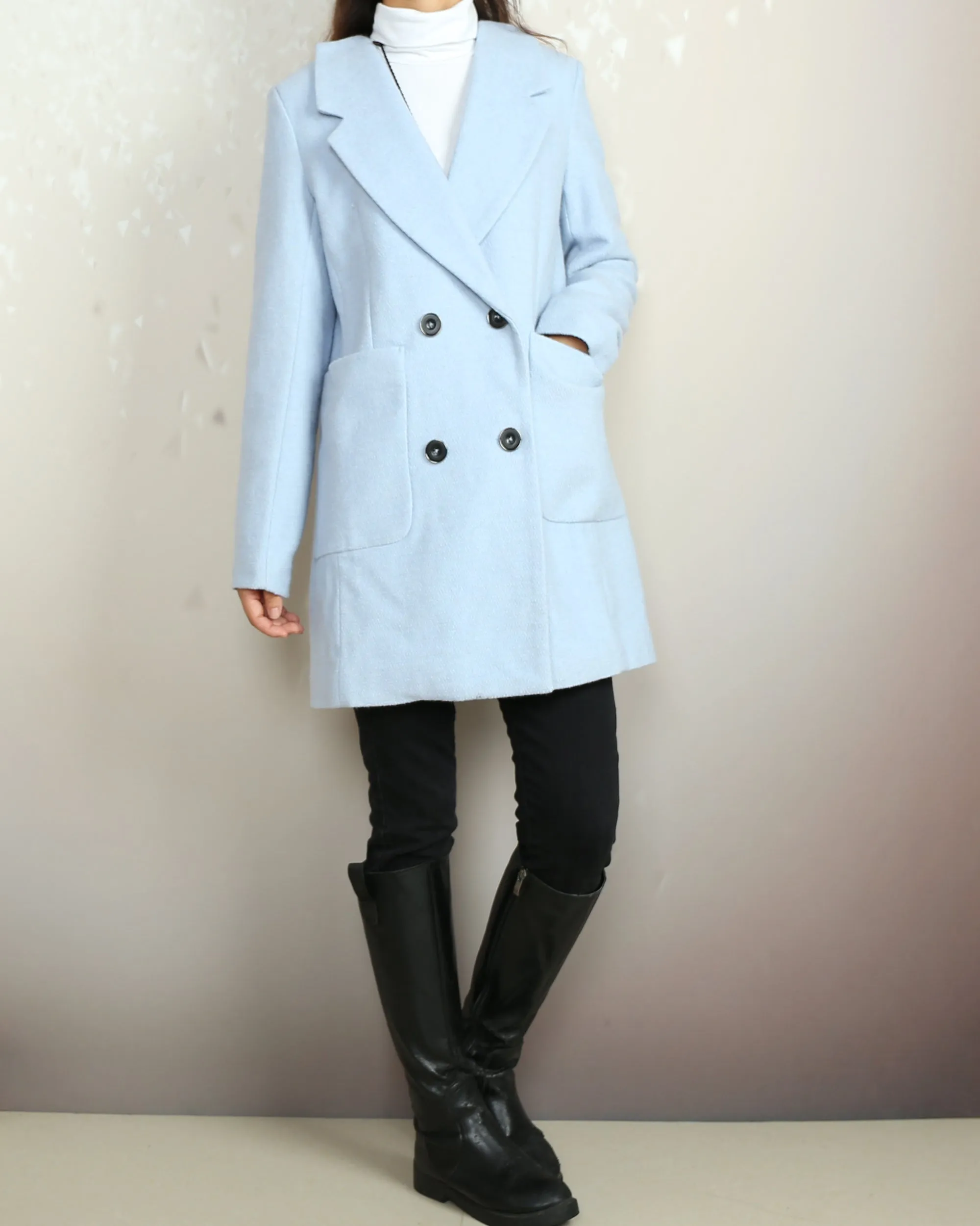 Overcoat women, double breasted coat, wool jacket, long coat, winter coat, light blue jacket(Y2118)