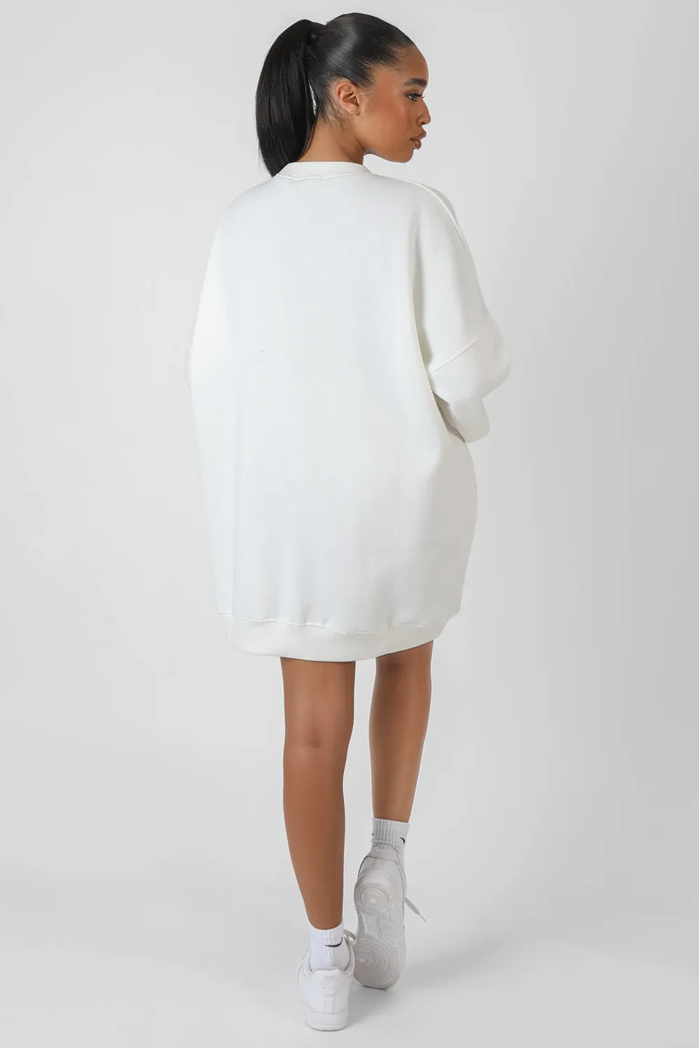 Oversized Embroidered Tonal Sweatshirt Dress Ecru