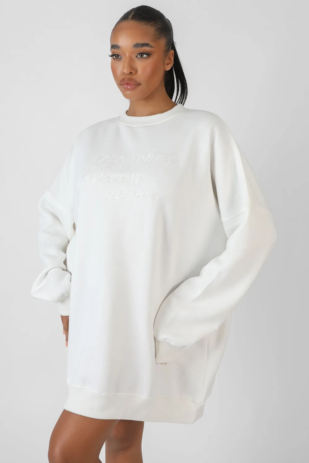 Oversized Embroidered Tonal Sweatshirt Dress Ecru