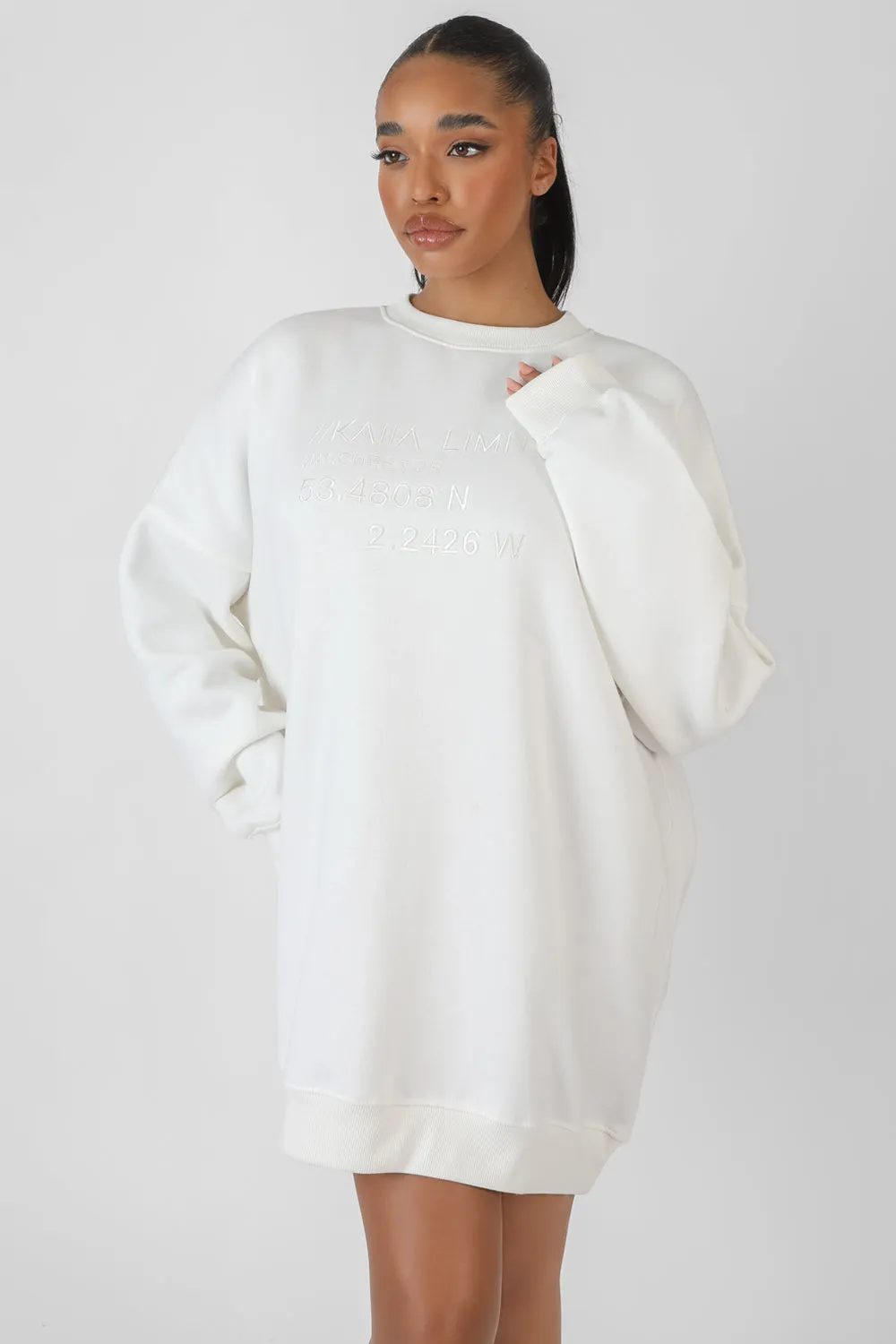 Oversized Embroidered Tonal Sweatshirt Dress Ecru