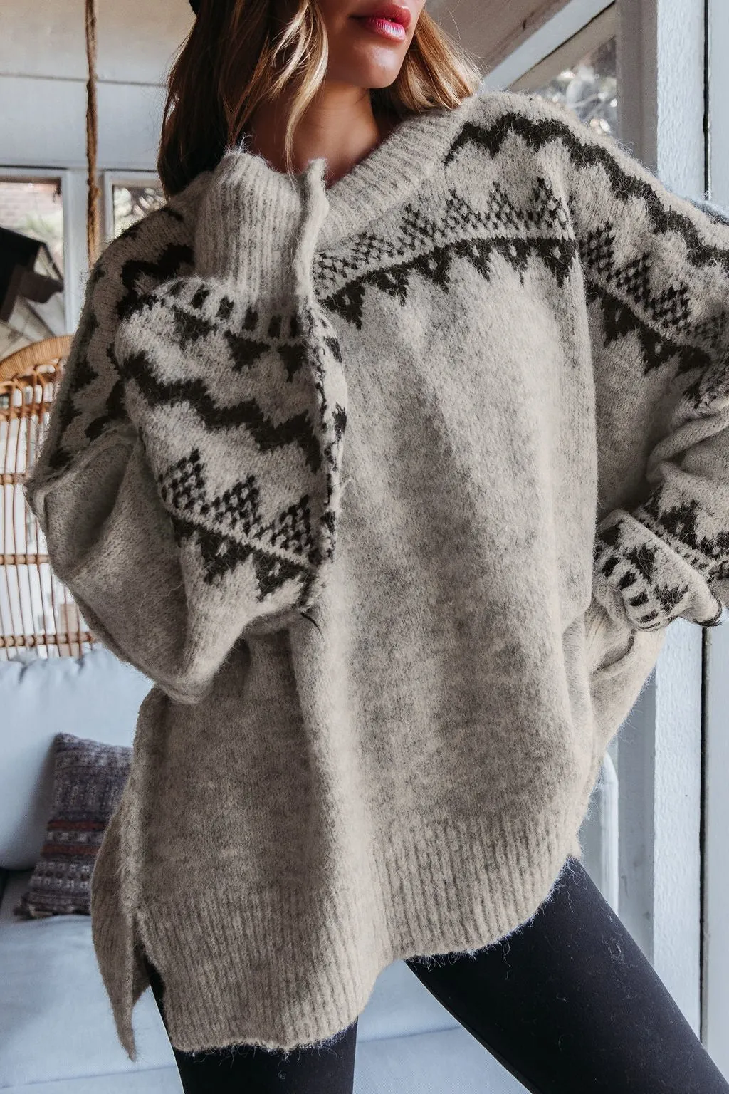 Oversized Mocha Fair Isle Pullover Sweater