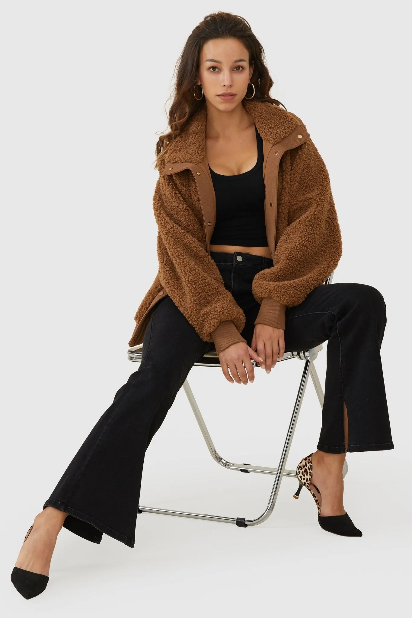 Oversized Snap Button Sherpa Coat