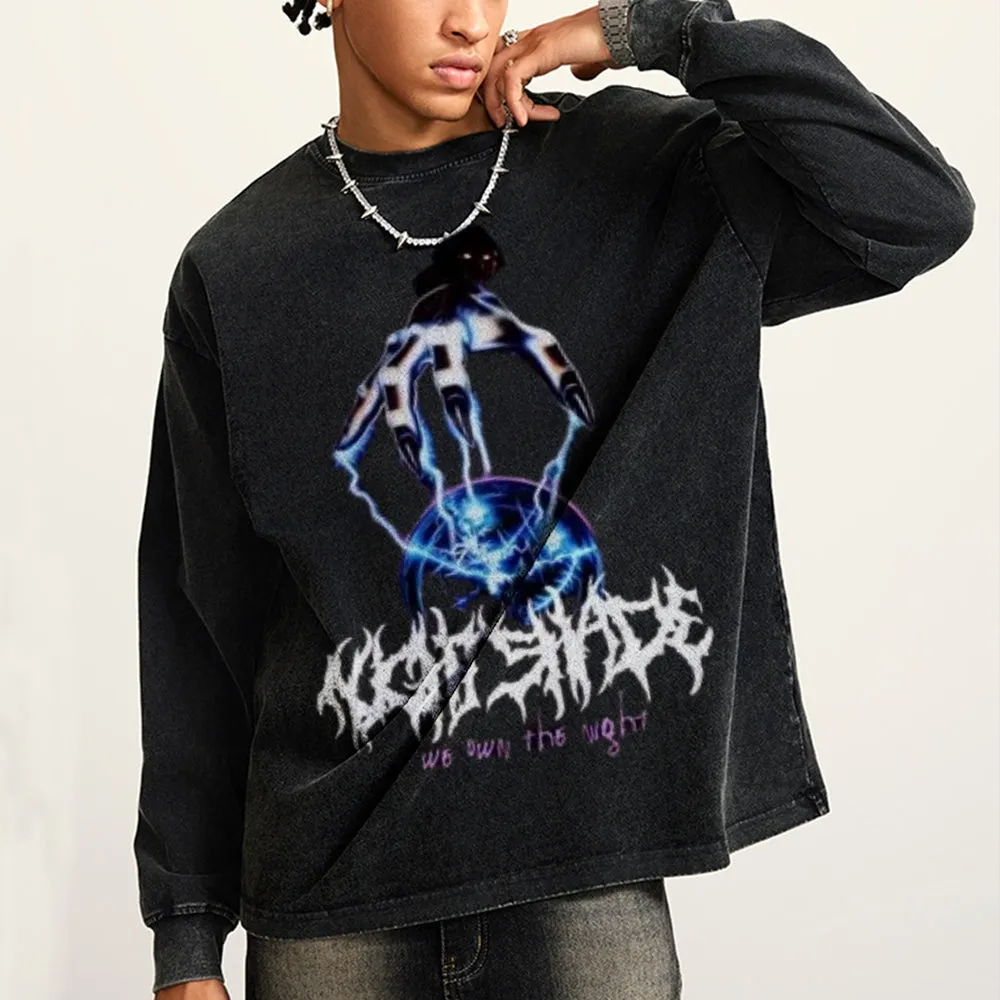 Oversized Vintage Washed Gothic Metal Graphic Sweatshirt