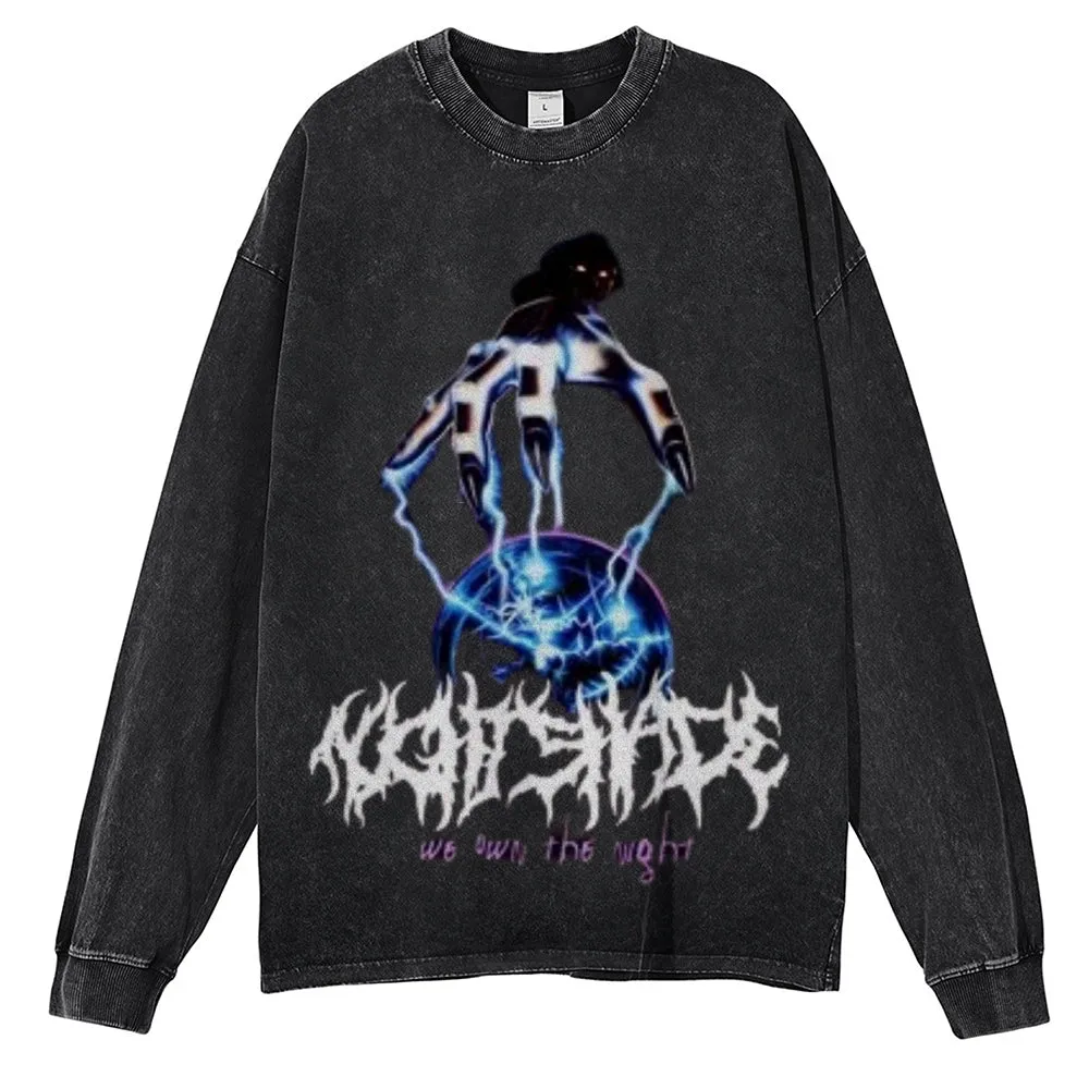 Oversized Vintage Washed Gothic Metal Graphic Sweatshirt