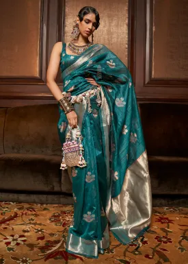 Pacific Ocean Blue Handloom Weaving Silk Saree