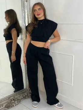 Padded Shoulder Top & Wide Leg Pants Tracksuit - Black