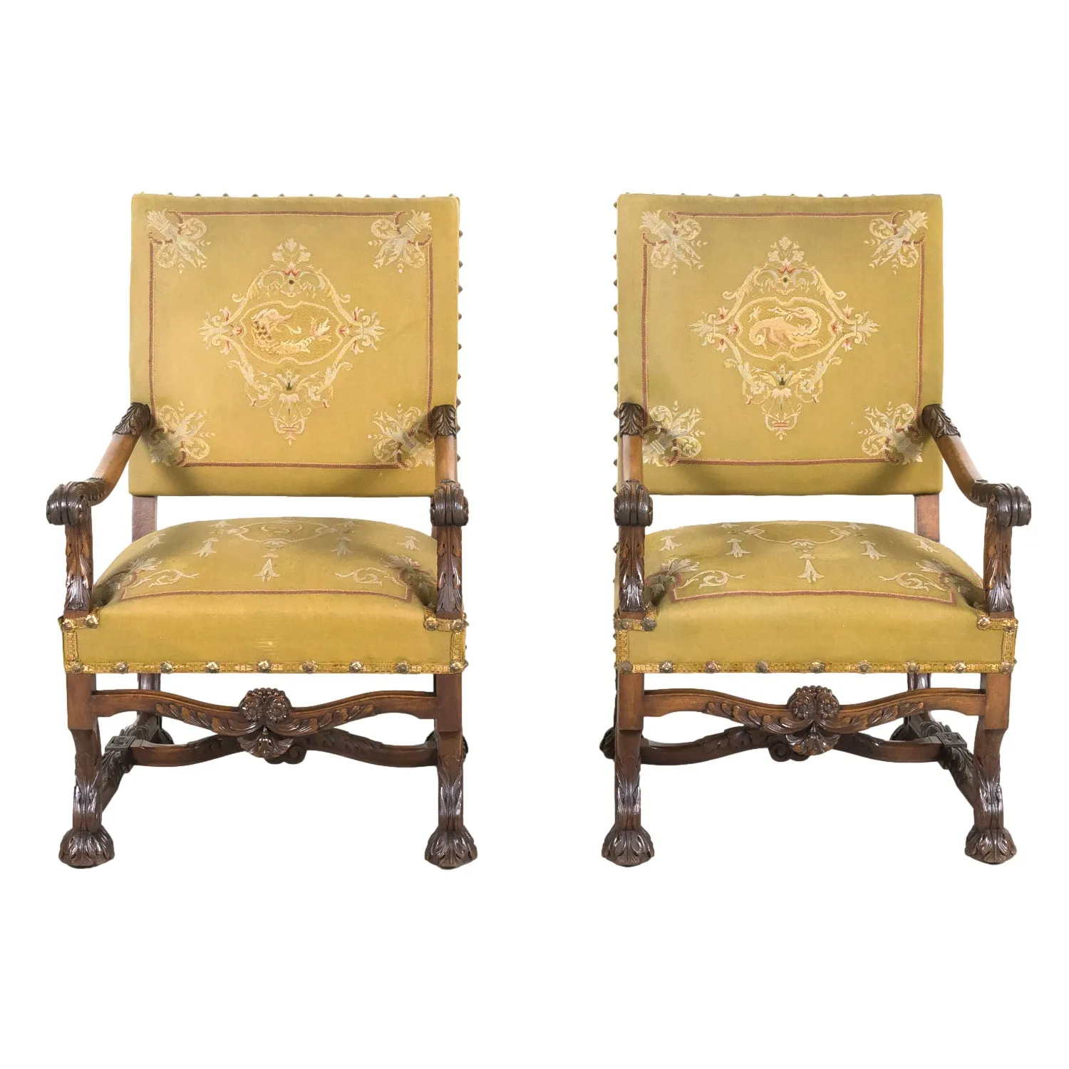 Pair of Early 19th Century French Louis XIV Style Carved Walnut Fauteuils or Armchairs