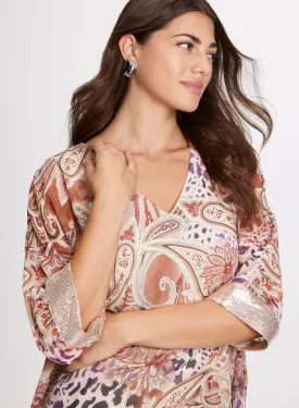 Paisley Print Sequin Cuff Blouse