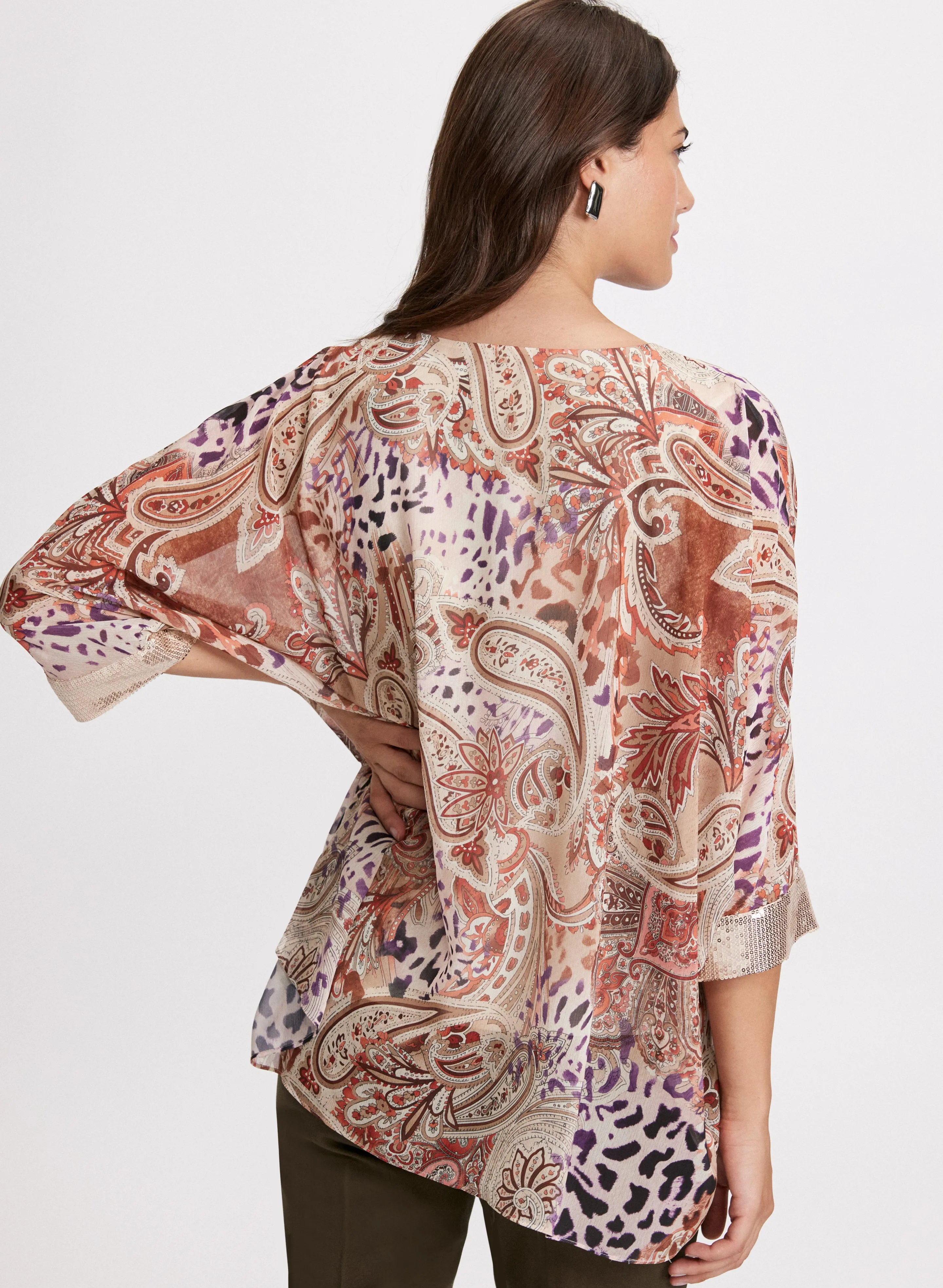 Paisley Print Sequin Cuff Blouse