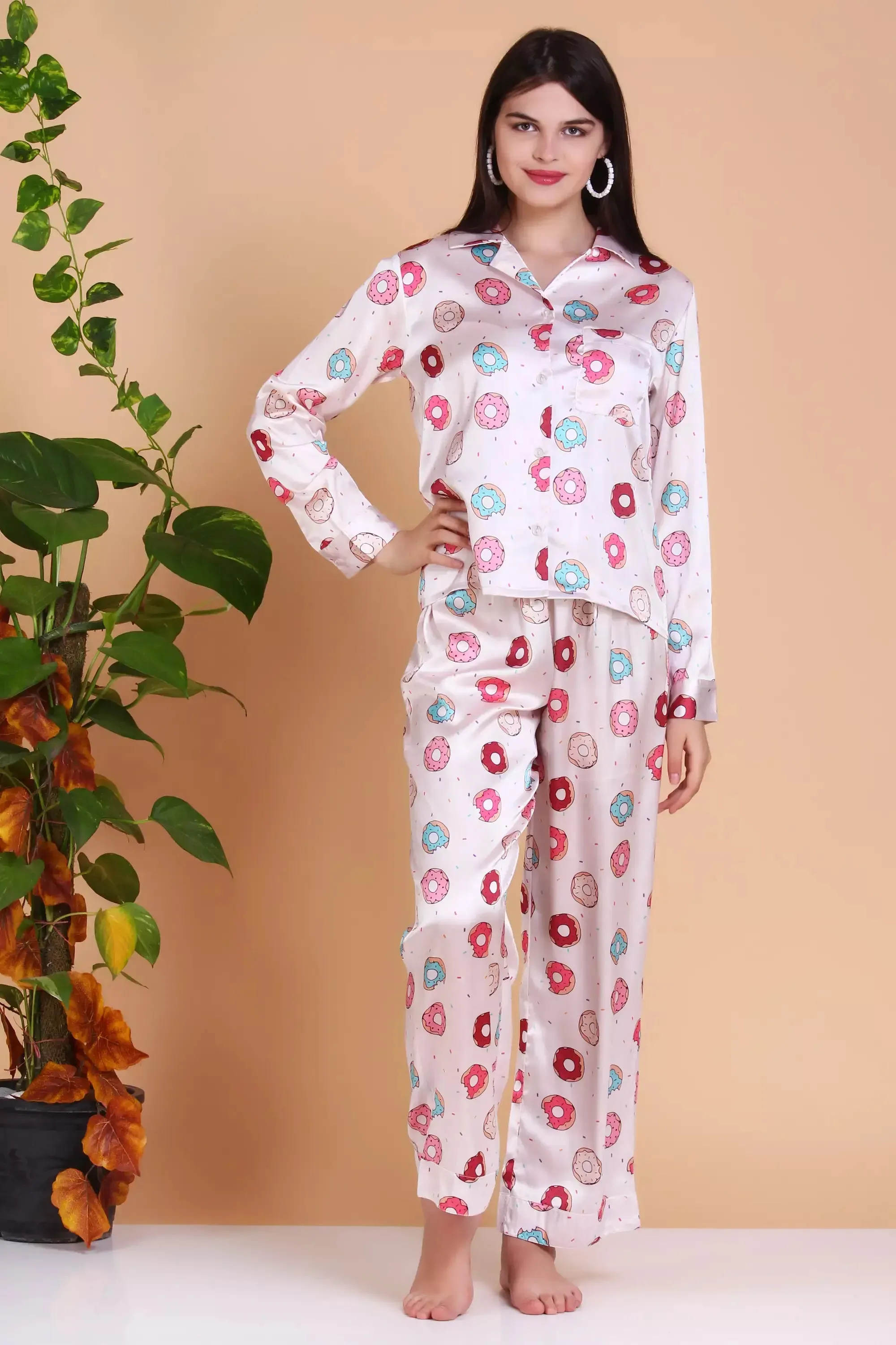 Pajamas Long Sleeve Sleepwear Casual Button Down donut Soft Pjs