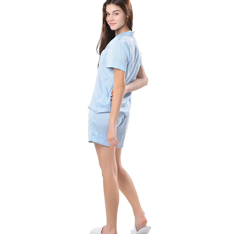 Pajamas Short Set Sleepwear Soft and Comfy Button Down Blue Geometry