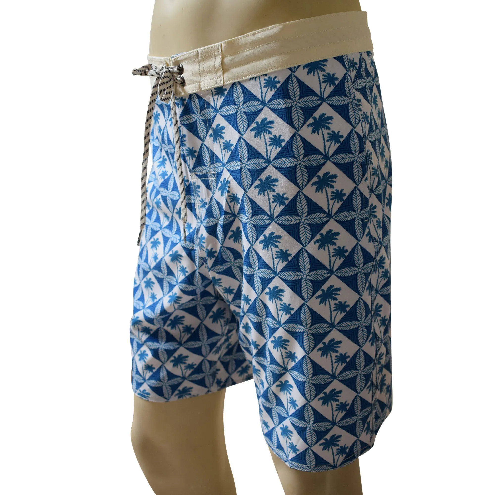 Palm Tree Motif Men's Lasso Waist Boardshorts with Pockets, Quick Dry Board Shorts, Beach Shorts, Swim Trunks, Sportwear