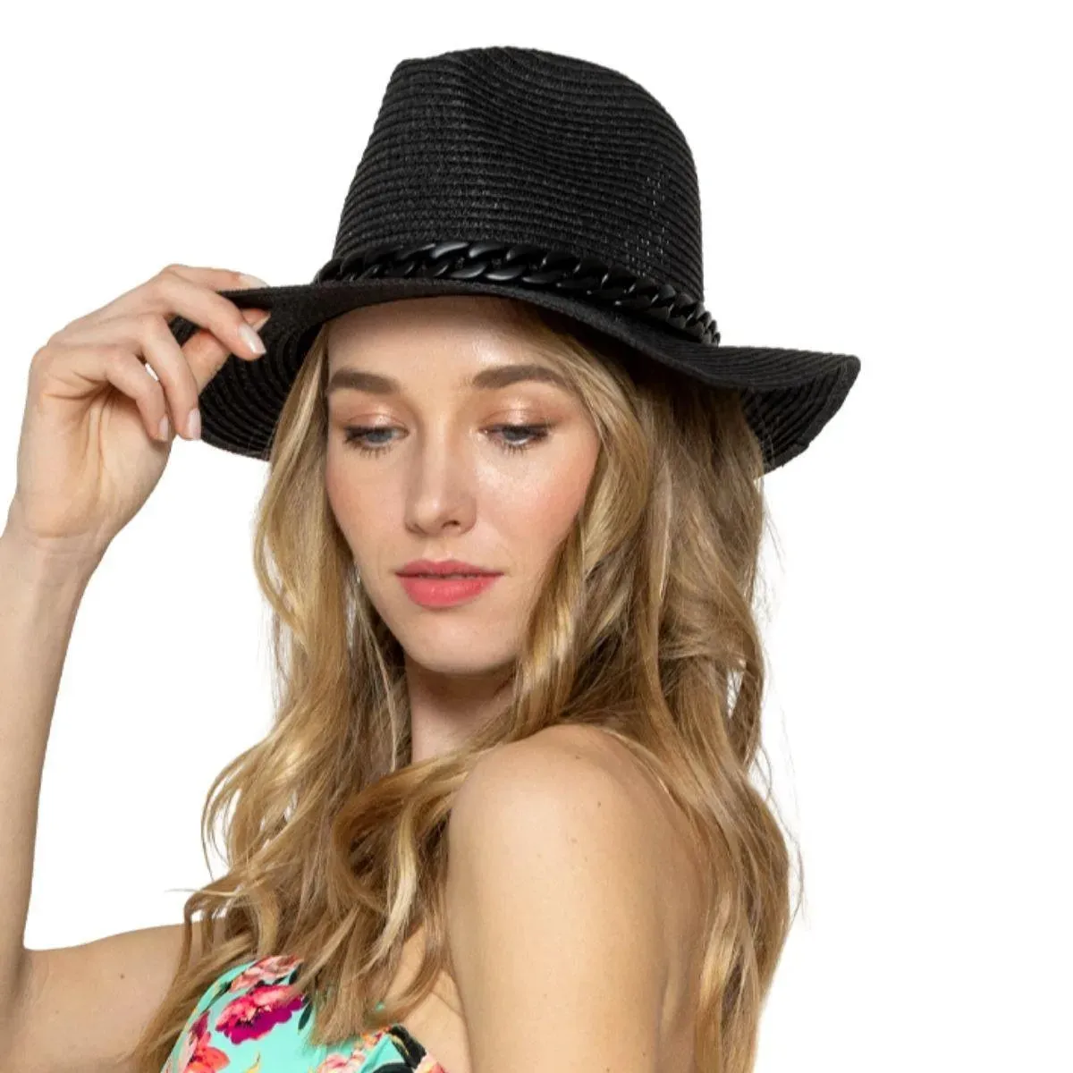 Panama Hat in Black with Chain Band Detail for Women