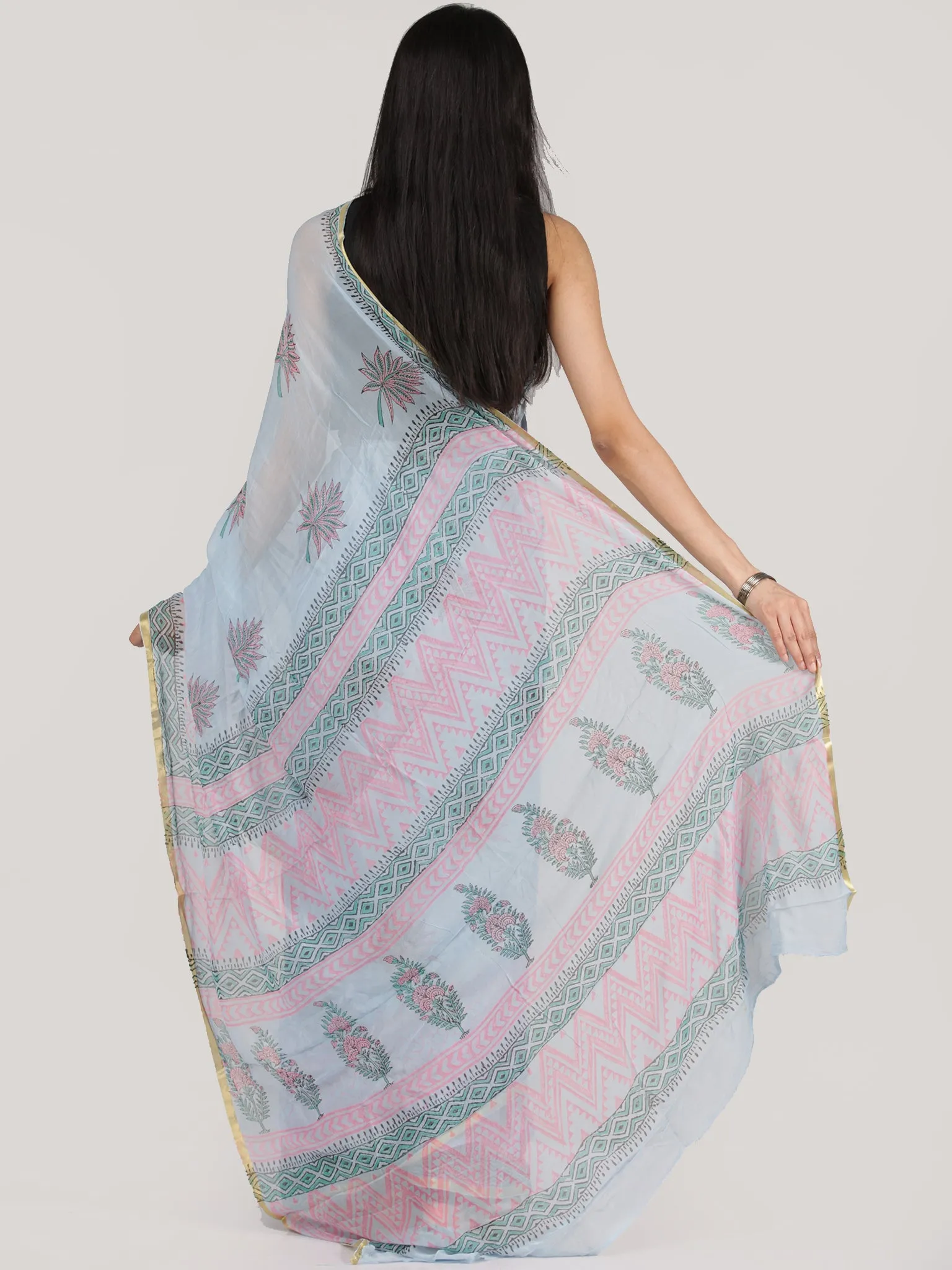 Pastel Blue Pink Green Hand Block Printed Chiffon Saree With Zari Border - S031704696