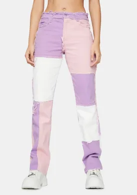 Pastel Lilac Patchwork Denim Boyfriend Jeans