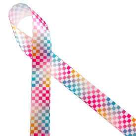 Pastel Rainbow checkerboard ribbon printed on 7/8" white satin